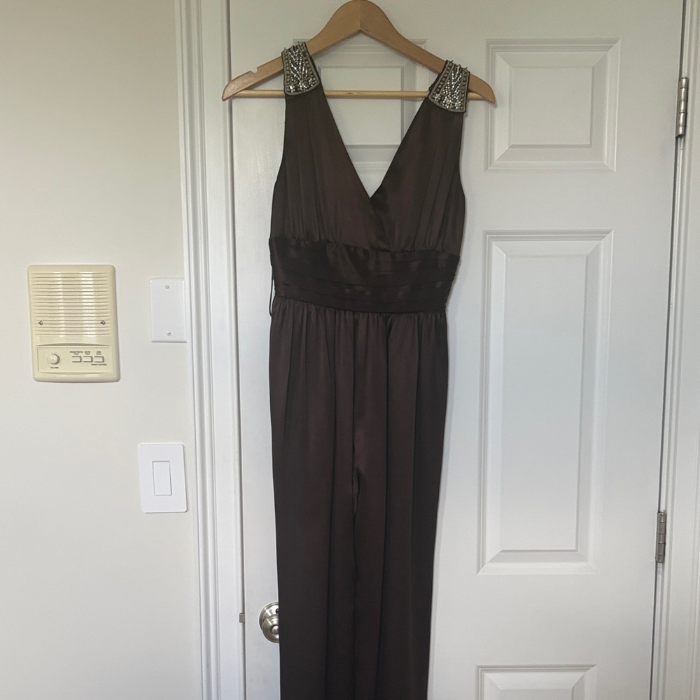 Badgley Mischka Brown Silk Embellished Jumpsuit